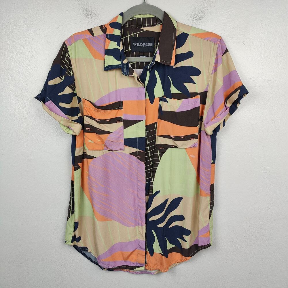 Wildfang The Essential Button Up Shirt Size XS Tropical Sunset Print Cotton AOP